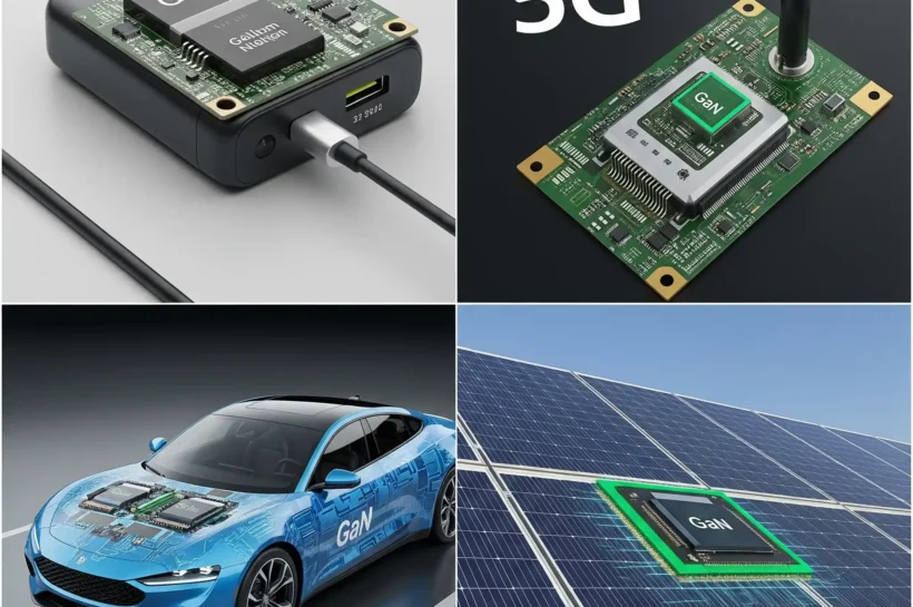 Cuadrícula con 4 imágenes de aplicaciónes con el GaN, vehículo eléctrico, 5G, paneles solares.
