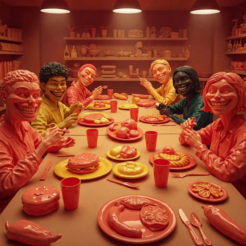 Familia de plástico sentada a la mesa posando para una foto mientras come plástico.