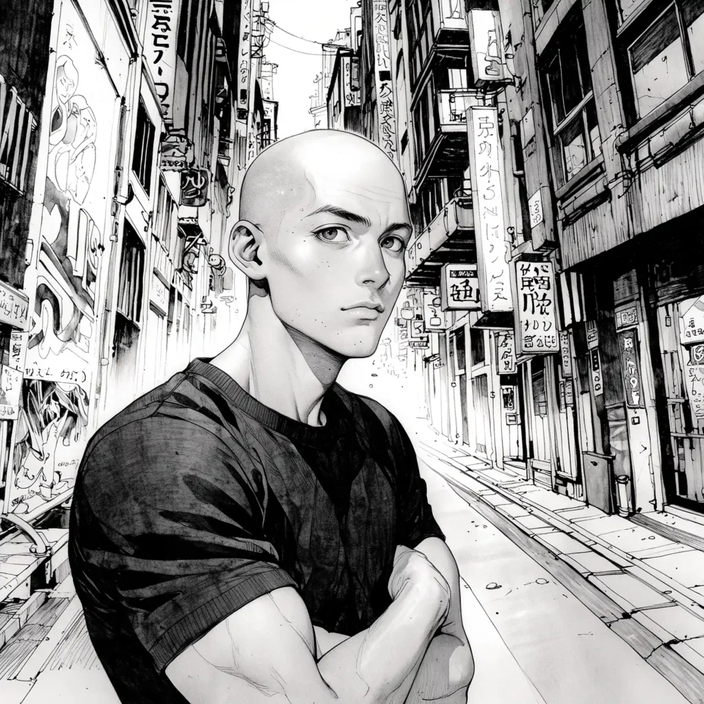 Hombre calvo joven muy atractivo en una calle estilo anime blanco y negro.