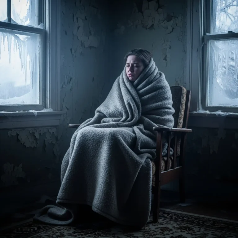 Mujer dentro de casa abrigada con una manta. Pobreza energética.