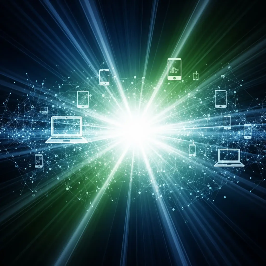 Imagen de luz en el centro de la imagen con dispositivos como smartphones y portátiles alrededor.