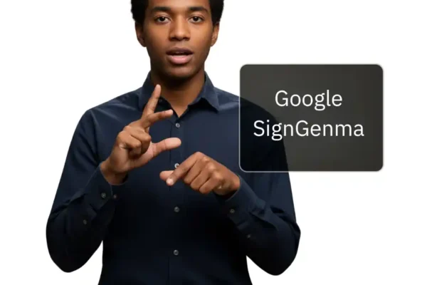 Google SignGemma: La IA que Rompe Barreras y Traduce el Lenguaje de Señas Hombre afroamericano signando sobre fondo blanco, subtítulos en letras blancas sobre rectángulo oscuro traduciría gracias a Google SignGenma.