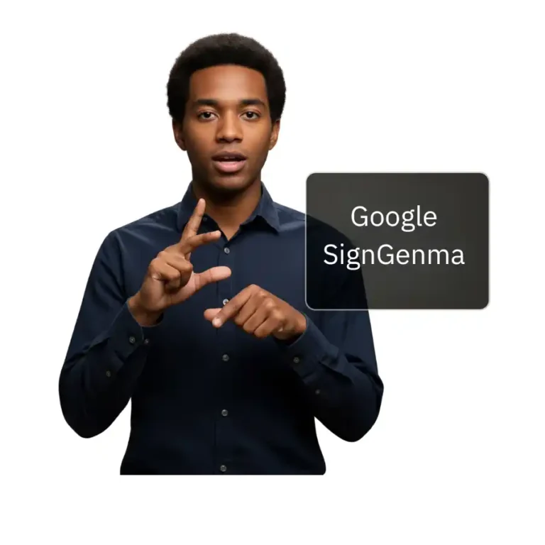 Hombre afroamericano signando sobre fondo blanco, subtítulos en letras blancas sobre rectángulo oscuro traduciría gracias a Google SignGenma.