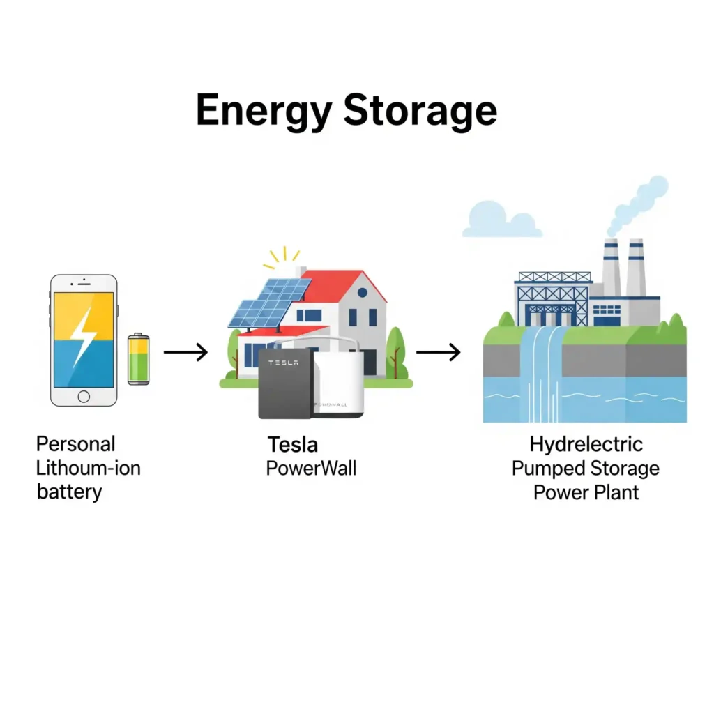 Infografía de almacenamiento energético: ejemplos a diferentes escalas