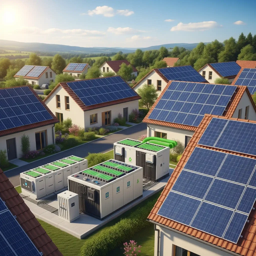 Comunidad de viviendas con paneles solares con una pequeña planta de acumuladores. Descentralizando la generación de energía.