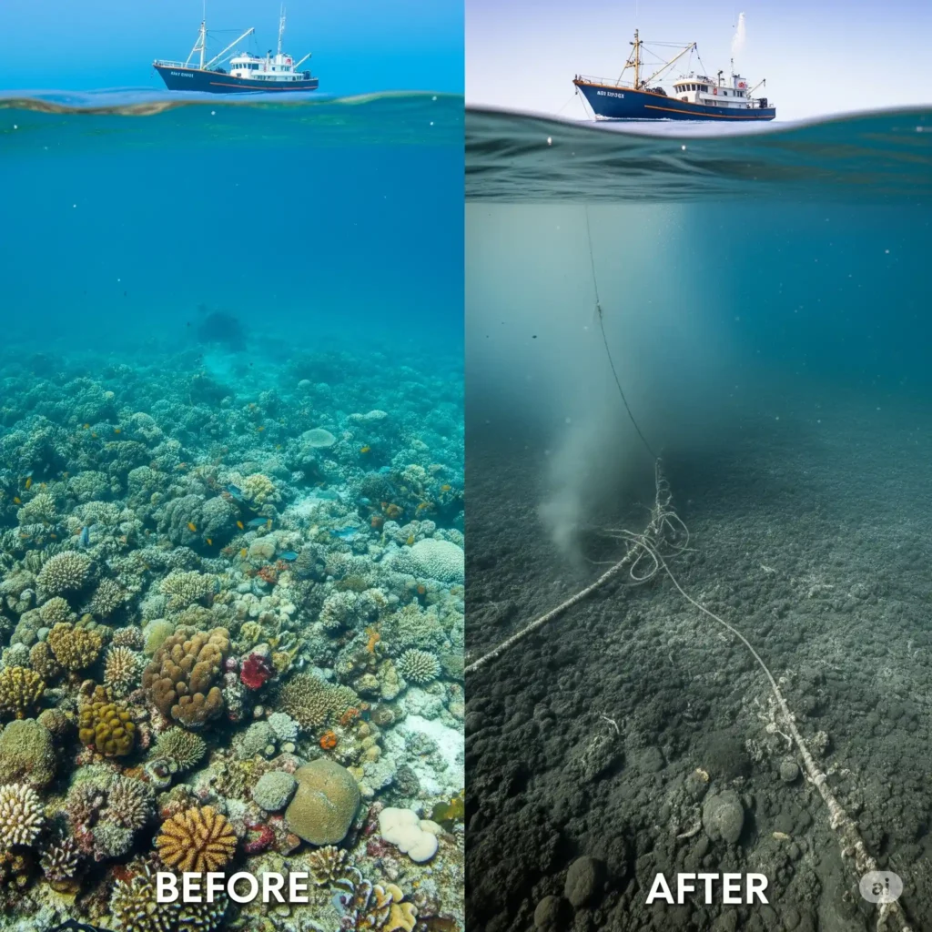 Imagen que muestra el fondo marino antes y después del paso de una red de pesca de arrastre.