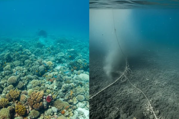 Pesca de Arrastre: ¿El Gran Rastreador que Daña el Corazón de Nuestros Océanos? Imagen que muestra el fondo marino antes y después del paso de una red de pesca de arrastre.