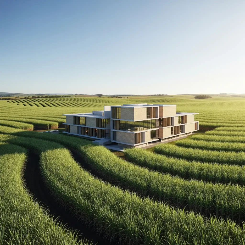 Edificio moderno hecho con bloques de Sugarcrete, rodeado de campos de caña de azúcar: