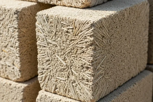 Sugarcrete: El Dulce Avance que Convierte Residuos en Hogares 🏗️🍬 primer plano del bloque de sugarcrete, resaltando su textura