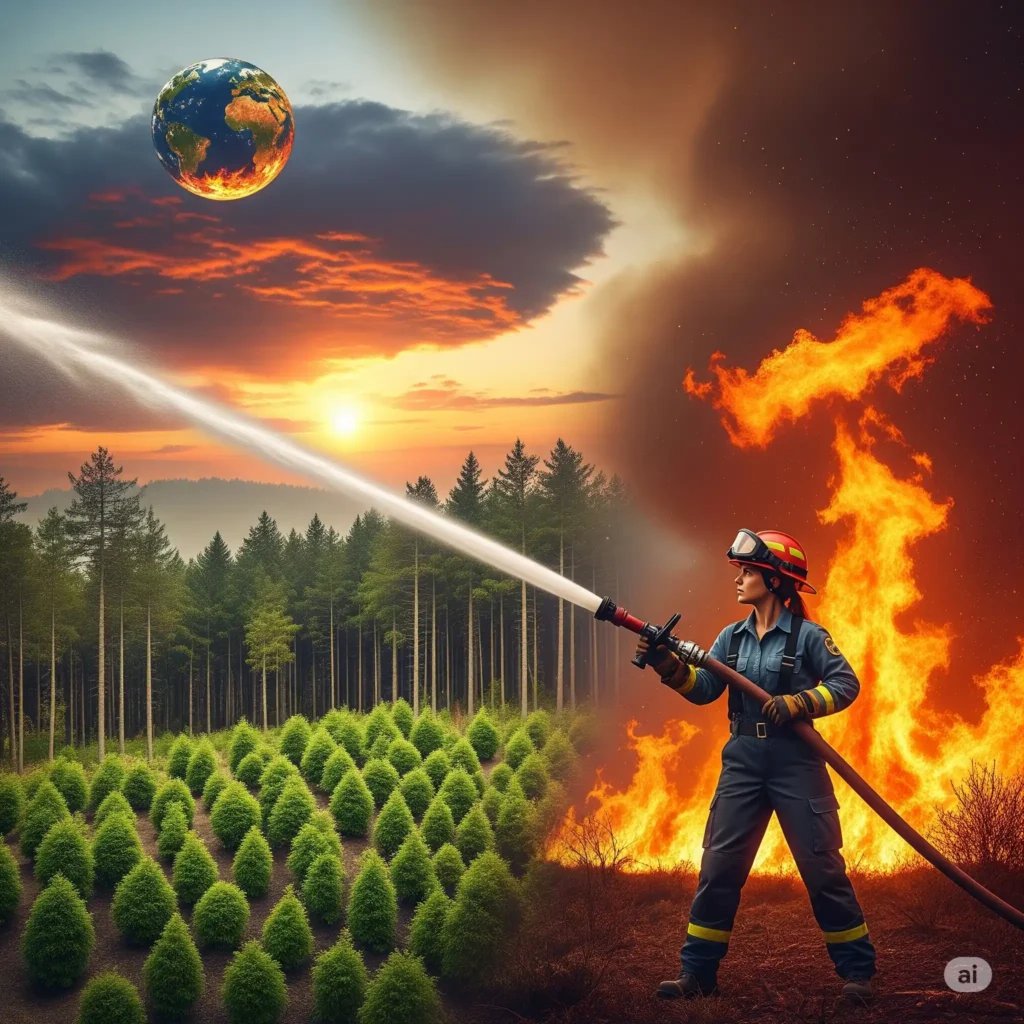 Bomberos Forestales y Gestión de Bosques: La Primera Línea frente a la Emergencia Climática y los Incendios Bombero forestal con manguera incendio a sus espaldas.