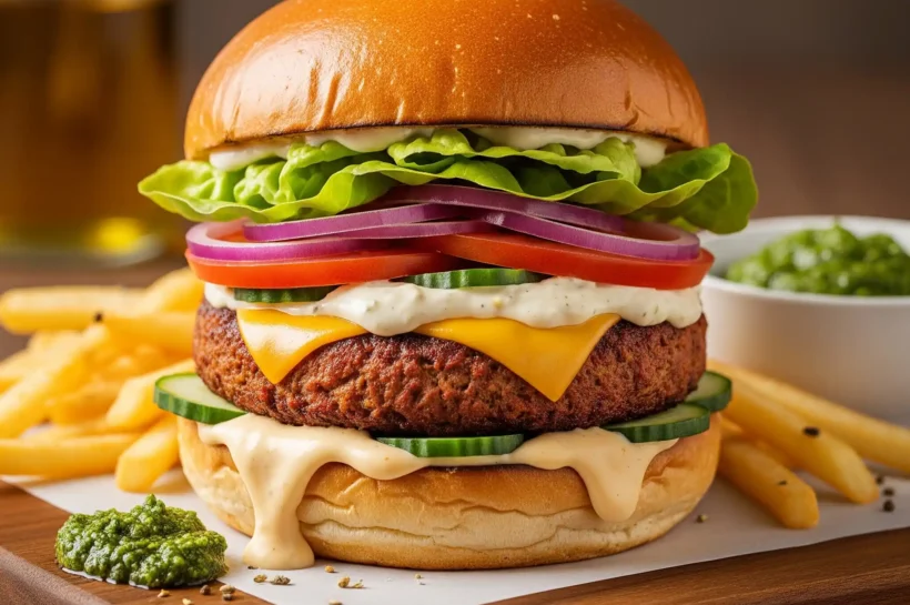 Una hamburguesa apetitosa con un análogo cárnico de micelio