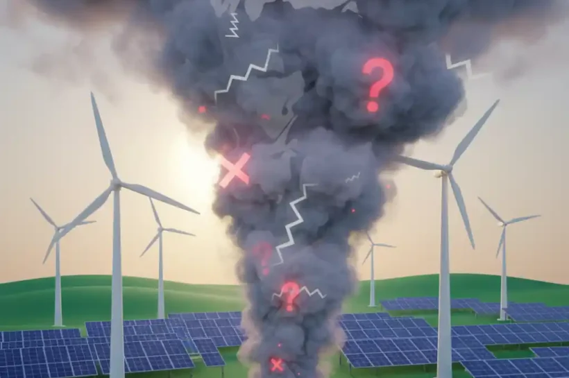 Generadores eólicos y paneles solares fotovoltaicos con una grieta que desprende humo con interrogantes rojos contra un cielo despejado.