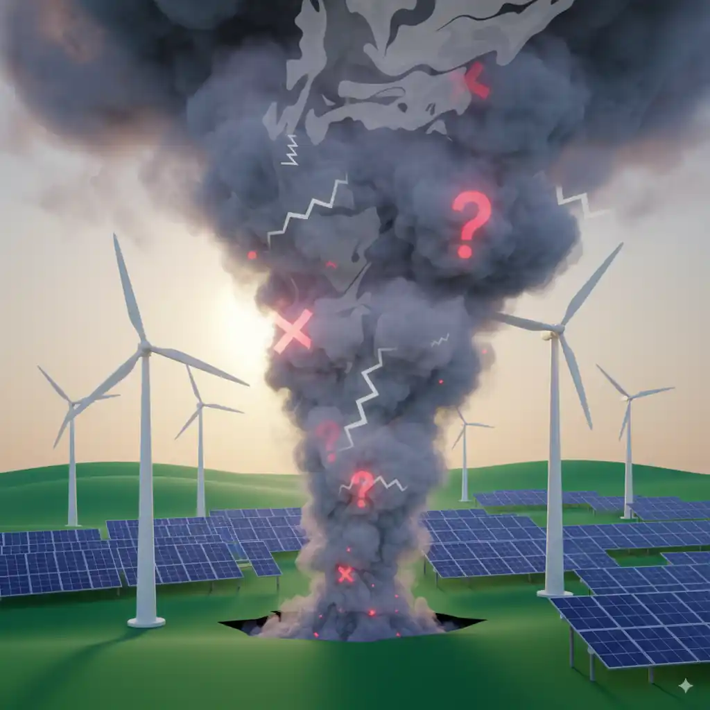 Generadores eólicos y paneles solares fotovoltaicos con una grieta que desprende humo con interrogantes rojos contra un cielo despejado.