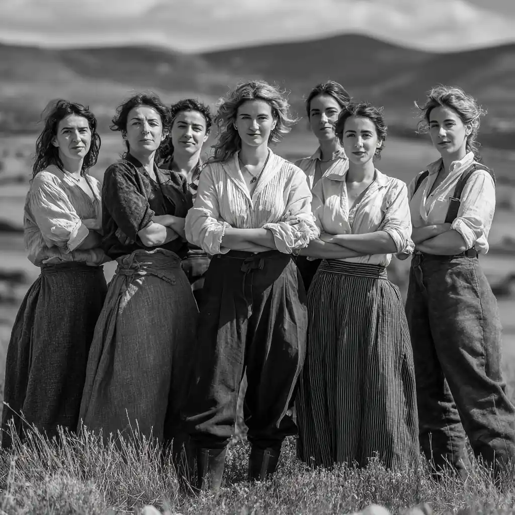 Grupo de mujeres rurales empoderadas en un paisaje de Castilla y León, representando el liderazgo de FADEMUR León Día Mujer Rural.