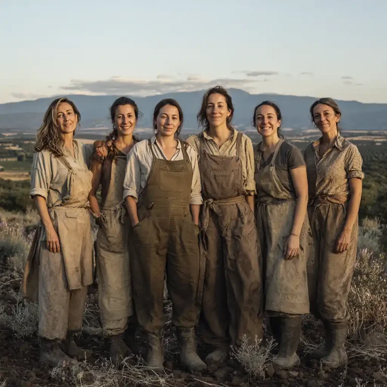 Grupo de mujeres rurales vestidas con ropas modernas de trabajo. en un paisaje de Castilla y León, representando el liderazgo de **FADEMUR León Día Mujer Rural**.
