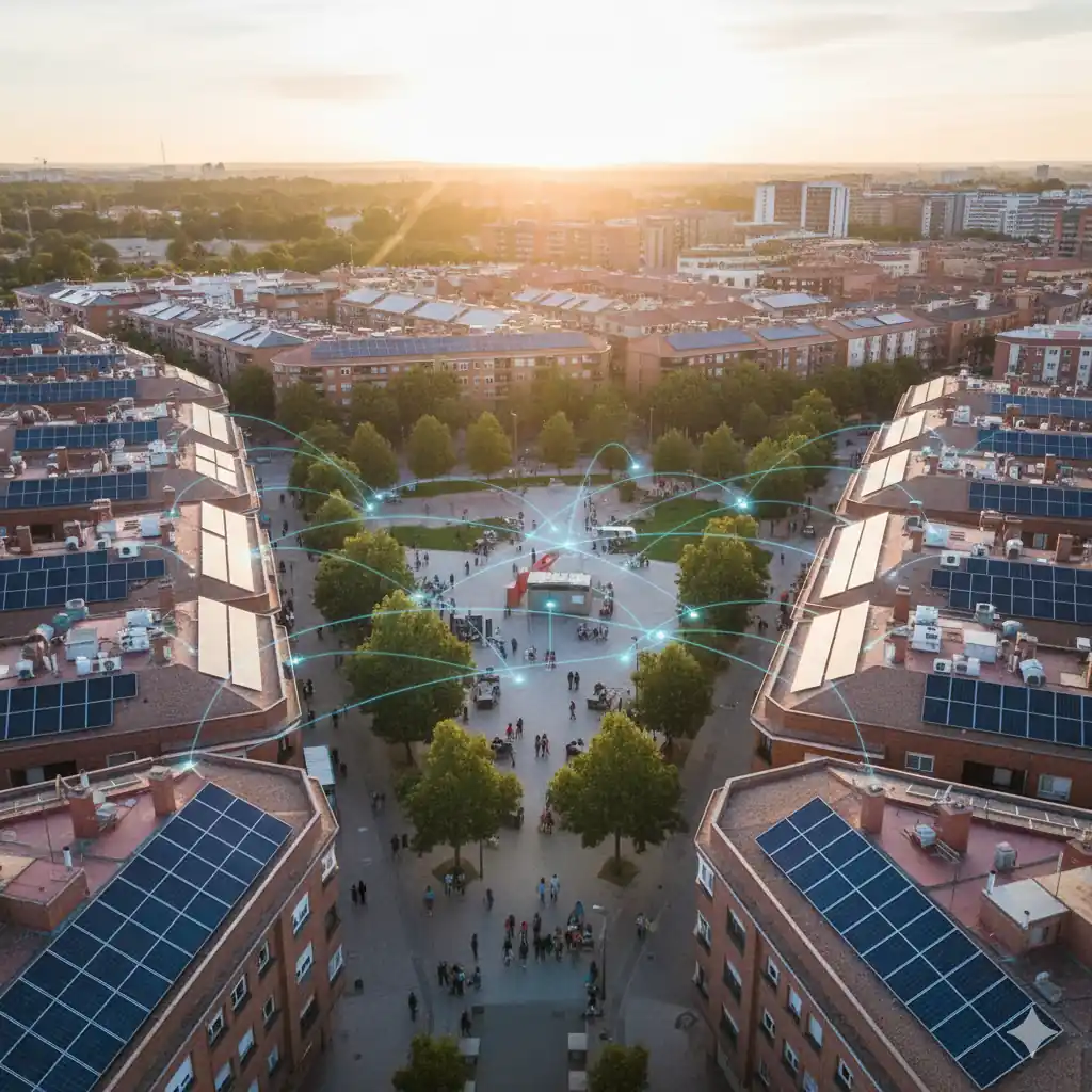 Vista aérea de **Lapablorenovable**, el barrio solar más grande de Europa, mostrando la integración de paneles fotovoltaicos en la comunidad de Rivas-Vaciamadrid.