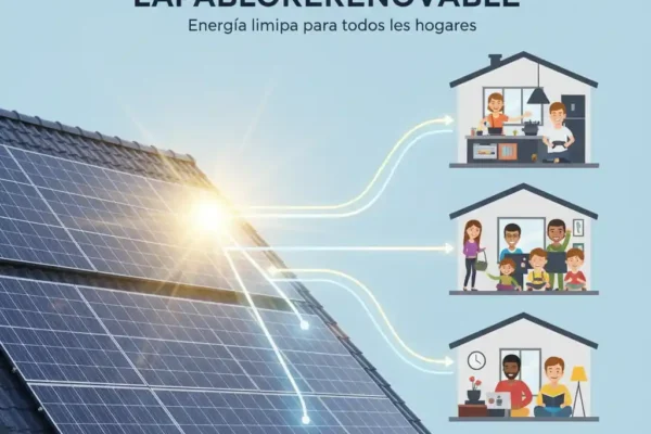 Representación visual de **Lapablorenovable**, ilustrando cómo 1.900 paneles solares abastecen a 500 hogares en un esquema de autoconsumo colectivo