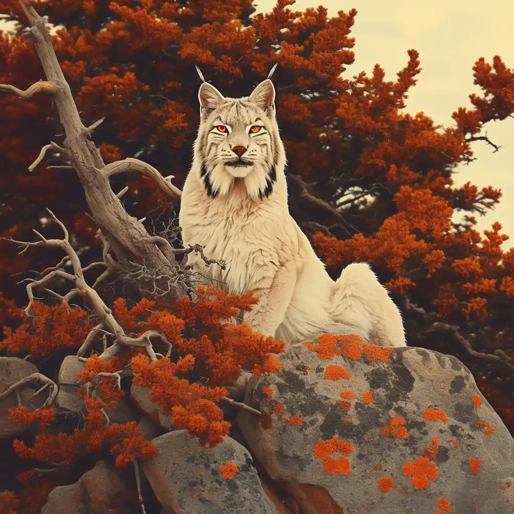 Lince ibérico blanco Satureja,  sentado en roca con fondo de follaje rojizo.