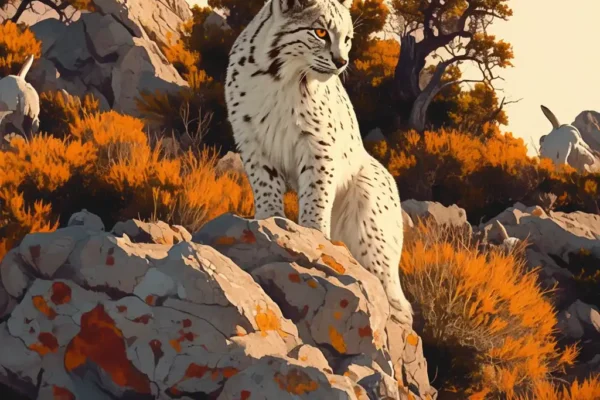 Lince ibérico blanco Satureja hojas ocres naranjas y marrones de otoño.