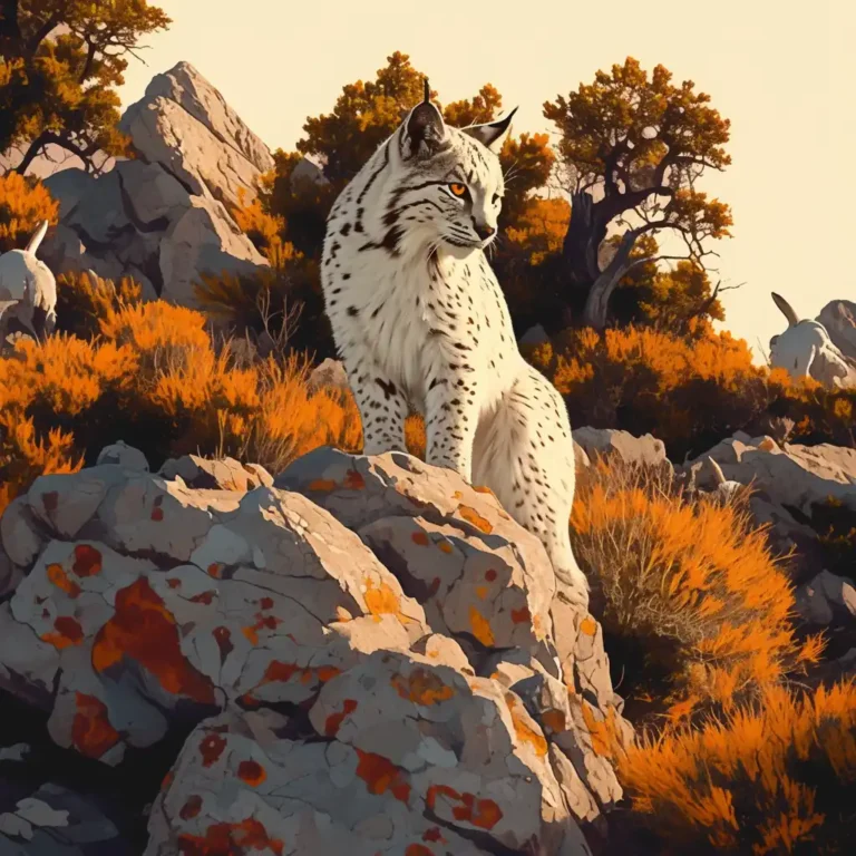 Lince ibérico blanco Satureja hojas ocres naranjas y marrones de otoño.