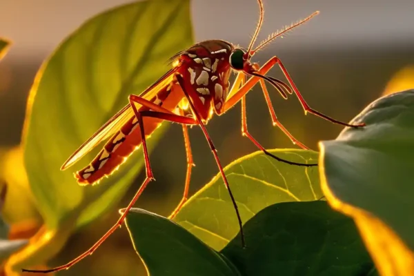 Primer plano de un **mosquito en Islandia** posado sobre una hoja, marcando el primer avistamiento confirmado de esta especie invasora.