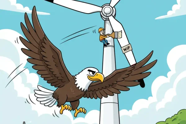 caricatura, con el águila en pleno vuelo y el aerogenerador en el fondo. ¡Espero que te guste! ¡Claro que sí! Con gusto crearé una imagen de estilo caricatura de un aerogenerador costero con una pala pintada de negro, y un águila calva que la esquiva sin esfuerzo