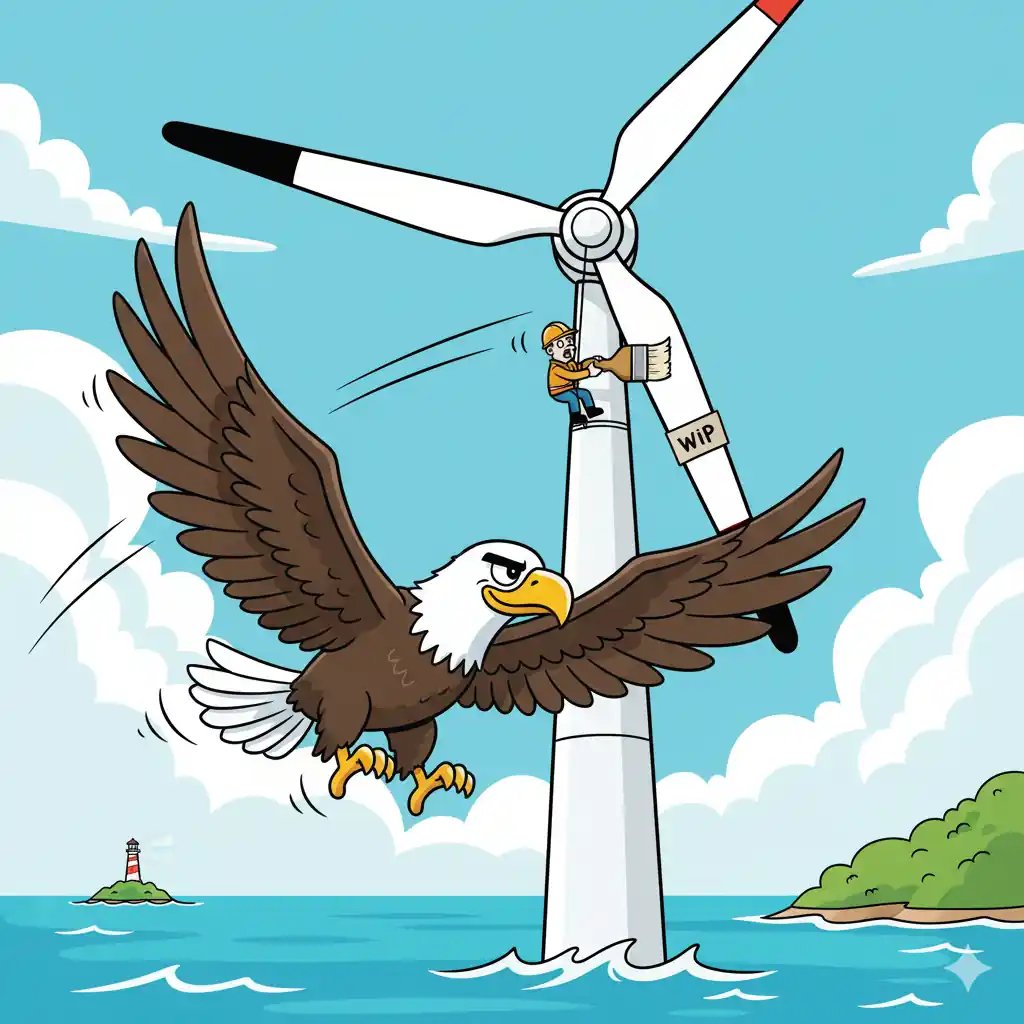 caricatura, con el águila en pleno vuelo y el aerogenerador en el fondo. ¡Espero que te guste! ¡Claro que sí! Con gusto crearé una imagen de estilo caricatura de un aerogenerador costero con una pala pintada de negro, y un águila calva que la esquiva sin esfuerzo