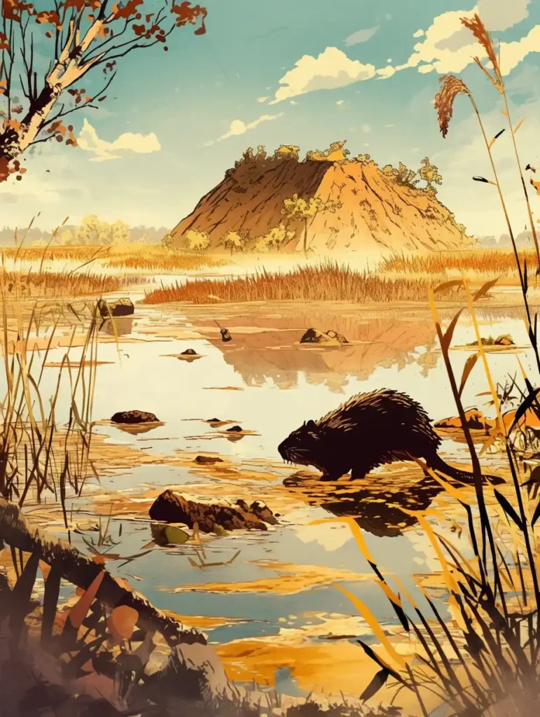 Castor sobre su presa, ilustrando cómo los **castores restauran humedal** creando un hábitat ideal para el cangrejo noble en peligro.