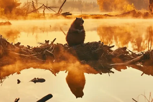 Castor sentado sobre una presa sobre las patas traseras. Preciosa puesta de sol hora mágica