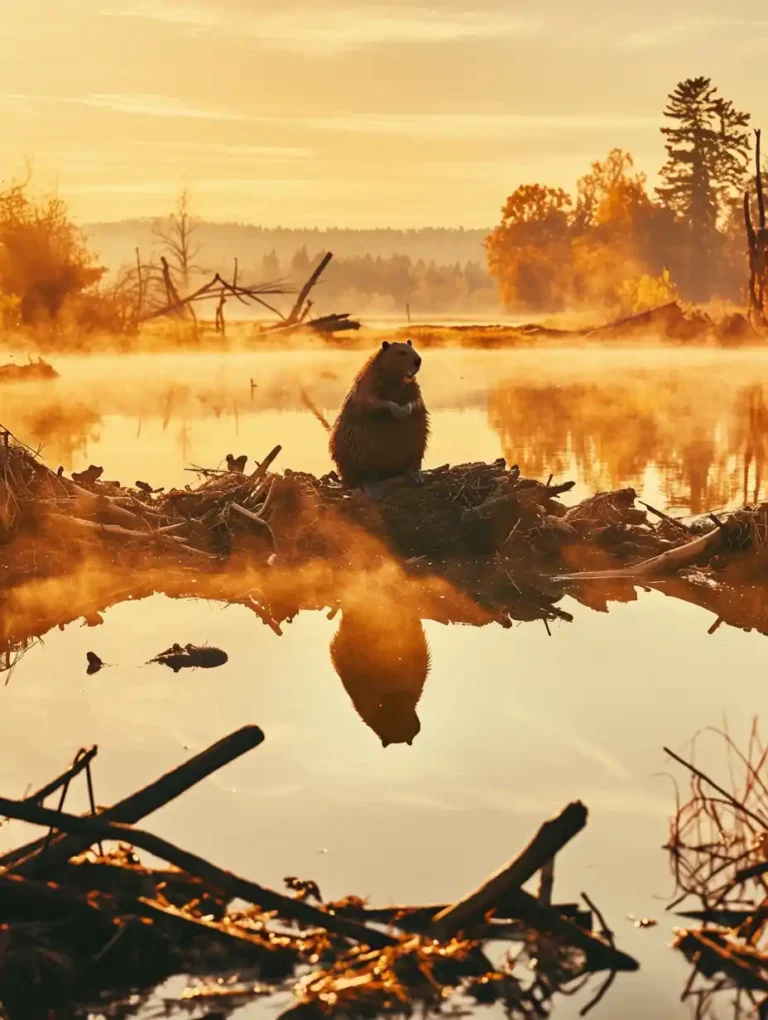 Castor sentado sobre una presa sobre las patas traseras. Preciosa puesta de sol hora mágica