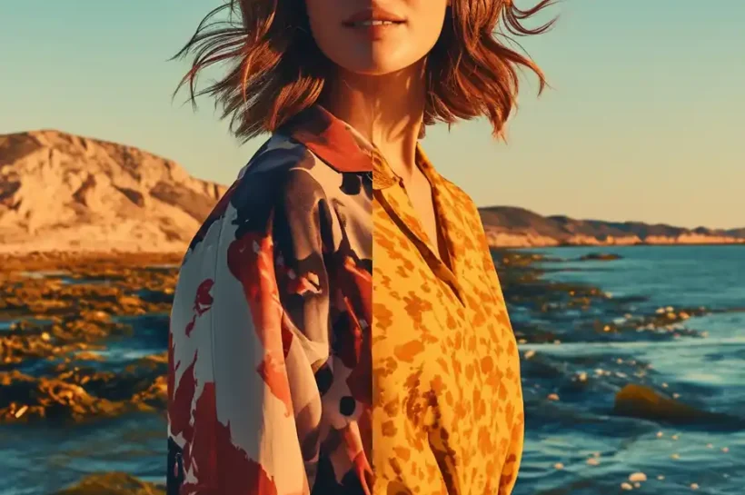 Modelo con ropa de Shein contrastada con la contaminación textil, ilustrando el conflicto Greenpeace contra Shein