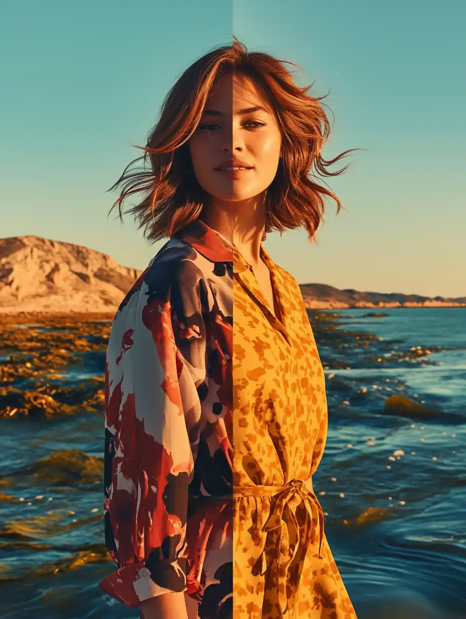 Modelo con ropa de Shein contrastada con la contaminación textil, ilustrando el conflicto Greenpeace contra Shein