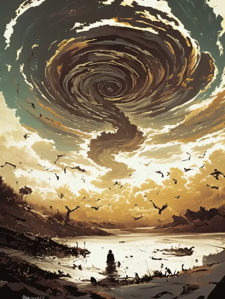Tornado gigante sobre un lago, ilustrando el "efecto aspiradora" que succiona peces y ranas, fenómeno de animales desplazados por tornados.