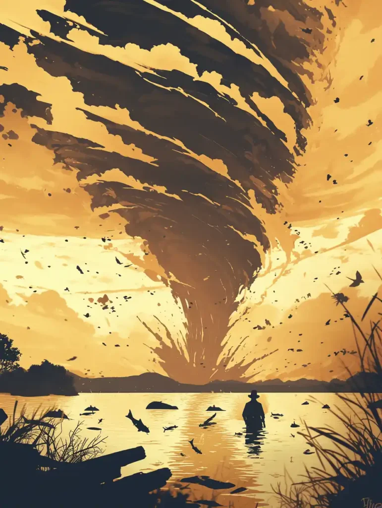 Tornado gigante sobre un lago, ilustrando el "efecto aspiradora" que succiona peces y ranas, fenómeno de animales desplazados por tornados.