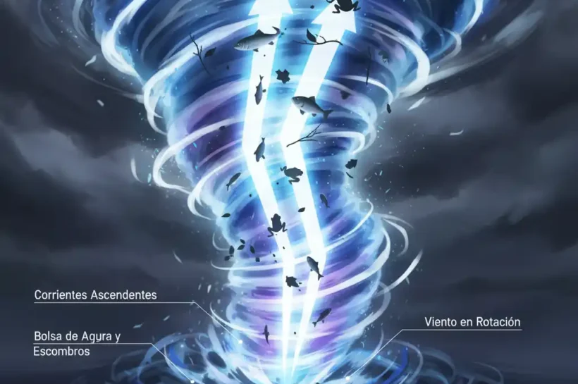 Diagrama de las corrientes ascendentes de un tornado, explicando la mecánica de cómo viajan los **animales desplazados por tornados** a la altura de las nubes.