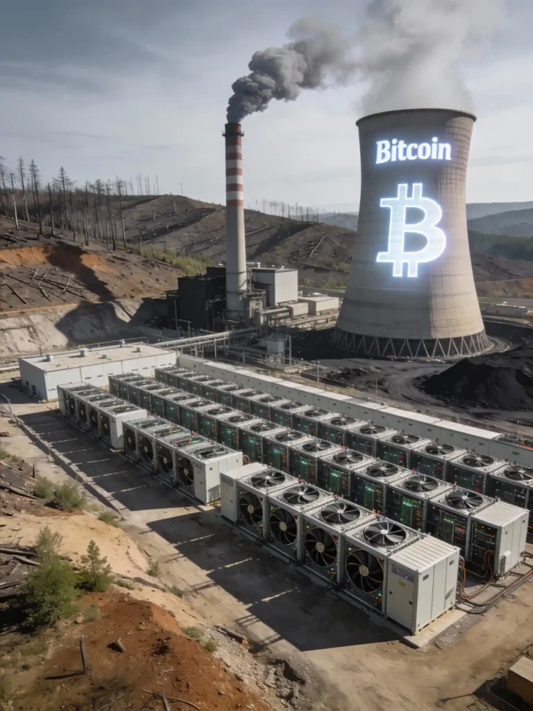 Vista aérea de una gran instalación industrial que incluye filas de módulos de refrigeración para centros de datos y una central eléctrica con chimeneas humeantes. El símbolo de Bitcoin está proyectado sobre la torre de refrigeración de la central. El paisaje circundante es árido y muestra signos de deforestación, ilustrando el impacto ambiental de la minería de criptomonedas a gran escala.