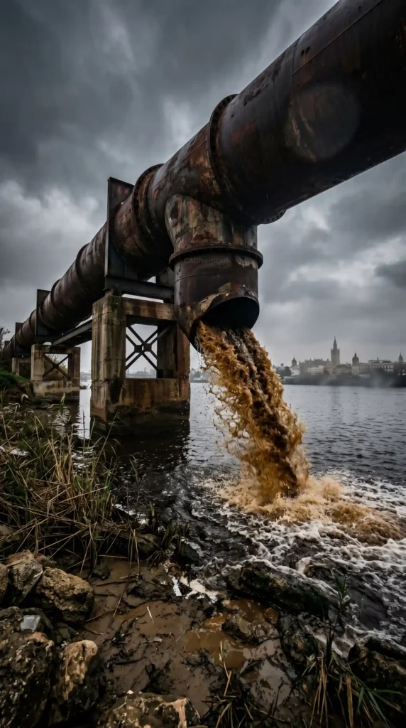 Vista panorámica vertical de una gran tubería industrial vertiendo agua de color marrón anaranjado en el cauce ancho del río Guadalquivir. En el horizonte difuminado se aprecian las formas de la ciudad de Sevilla. Cielo cubierto y luz dramática.