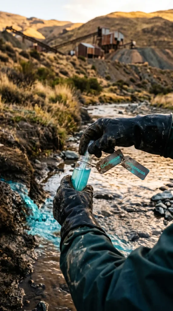 Fotografía documental realista de una mano con guante de látex azul recogiendo una muestra de agua en un vial de vidrio. El agua recolectada es de un color turquesa opaco y lechoso, fluyendo a través de una orilla natural con vegetación seca y rocas. La imagen captura la contaminación por metales pesados en los ríos cercanos a la mina de Aznalcóllar, documentada por Greenpeace casi 30 años después del desastre minero inicial.