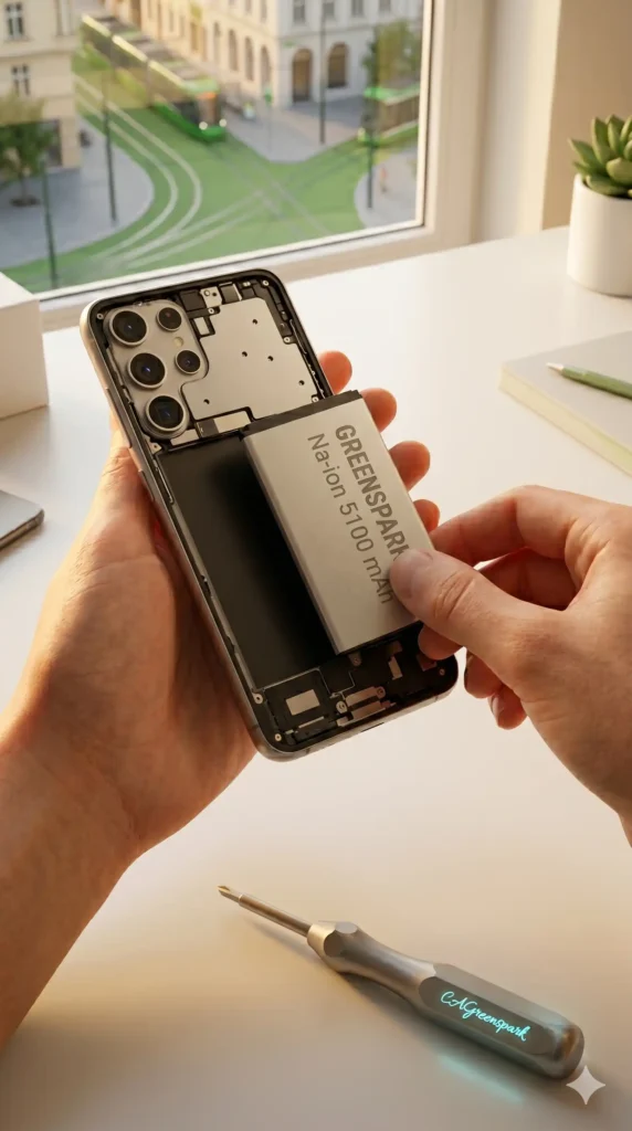 Primer plano de unas manos extrayendo una batería modular sin pegamento de un smartphone desmontado. La batería tiene impreso el texto 'GREENSPARK Na-ion 5100 mAh'. Sobre la mesa descansa un destornillador con la firma luminosa CAGreenspark, ilustrando el derecho a reparar y la normativa europea de 2027