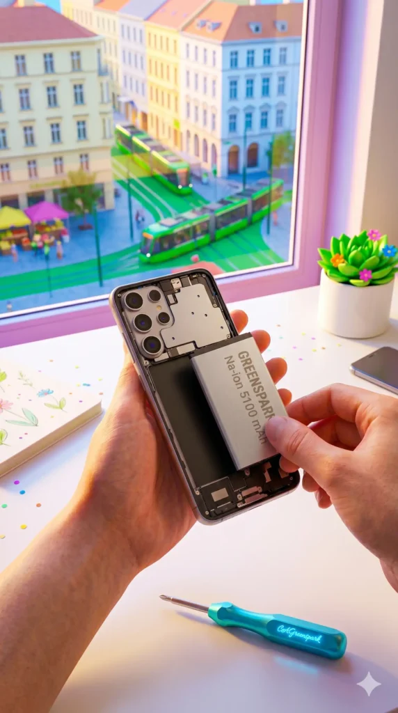 Primer plano de unas manos extrayendo una batería modular sin pegamento de un smartphone desmontado. La batería tiene impreso el texto 'GREENSPARK Na-ion 5100 mAh'. Sobre la mesa descansa un destornillador con la firma luminosa CAGreenspark, ilustrando el derecho a reparar y la normativa europea de 2027.