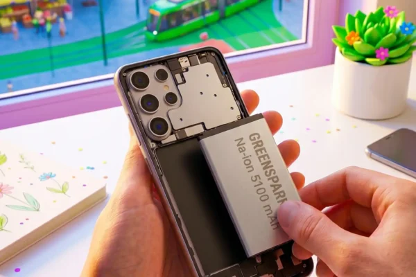 Primer plano de unas manos extrayendo una batería modular sin pegamento de un smartphone desmontado. La batería tiene impreso el texto 'GREENSPARK Na-ion 5100 mAh'. Sobre la mesa descansa un destornillador con la firma luminosa CAGreenspark, ilustrando el derecho a reparar y la normativa europea de 2027.